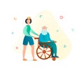 Old man in a wheelchair and a volunteer nurse assistant with him Royalty Free Stock Photo