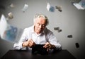 Old man in white and empty wallet. Accounting and taxes. Royalty Free Stock Photo