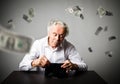 Old man in white and empty wallet. Accounting and taxes. Falling Royalty Free Stock Photo