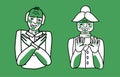 Old man and woman with disgust, green and white, grandfather and grandmother cover themselves with hands. Sketch style