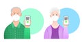 Old man and woman with ffp2 kn95 masks holding smartphone