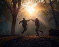 Old man and woman jumping happily in the rays of setting autumn sun. Aged couple enjoy time together in the nature. Generative AI