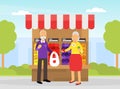 Old Man and Woman Purchasing Fruit at Greengrocery Vector Illustration