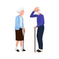 The old man and the old woman stand and walk with sticks. Elderly people.