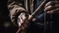 Old man& x27;s hand holds antique leather tool generated by AI