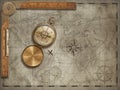 Old map background with compass and ruler. Adventure and travel concept. 3d illustration. Royalty Free Stock Photo