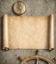 Old map scroll with compass and steering wheel. Adventure and travel concept. 3d illustration. Royalty Free Stock Photo