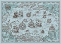 Old map of the Caribbean Sea with pirate ships, treasure islands, fantasy creatures Royalty Free Stock Photo