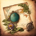 Old map with compass, flowers and leaves. Vintage style toned