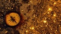 Antique Compass on Old World Map Overlayed with Golden Starlight Royalty Free Stock Photo