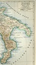 Old map from geographical Atlas 1890 with a fragment of the Apennines, Italian Peninsula. southern Italy. Gulf of Taranto. Royalty Free Stock Photo