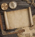 Old map scroll with compass. Adventure and travel background concept. 3d illustration. Royalty Free Stock Photo