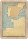 Old map of Spain, North of Africa, and Canary Islands on aged and stained paper background. Vintage style Royalty Free Stock Photo