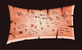 Old map of treasures. Cartoon drawing of discovery element to paper. Vector parchment geography treasure of skull