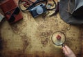 Old map and vintage travel equipment / expedition concept, treasure hunt Royalty Free Stock Photo