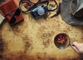 Old map and vintage travel equipment / expedition concept, treasure hunt Royalty Free Stock Photo