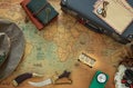 Treasure hunt, old map with treasure chest and expedition equipment in vinatge style Royalty Free Stock Photo