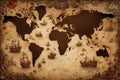 Old map of the world with pirate ships on a grunge background