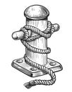 Old marine bollard with rope tied on pier. Hand drawn sketch vintage illustration Royalty Free Stock Photo