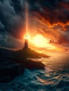 Old lighthouse guiding the way in ocean storm Royalty Free Stock Photo