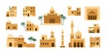 Old market houses. Ancient desert buildings. Islam street. African castle. Town heritage. Landscape elements set