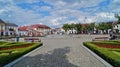 Old market square and fountain in Lowicz, Poland