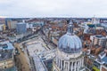 Old Market Square in Nottingham from the sky, offices and houses, United Kingdom