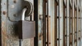 Old master key locked on iron gate, Steel padlock, Close up selective focus, Soft background blur. Royalty Free Stock Photo