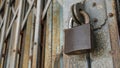 Old master key locked on iron gate, Steel padlock, Close up selective focus, Soft background blur. Royalty Free Stock Photo