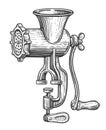 Retro iron manual meat grinder with handle. Old meat mincer sketch illustration