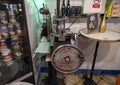 Old meat processing machine in historic tapas restaurant, La Pineda Fiabres, established in 1930 in Barcelona, Spain.