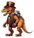 Old mechanical t-rex. Retro dinosaur in cartoon style, vintage dinosaurus gentleman in top hat and bow tie Royalty Free Stock Photo
