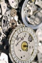 Old mechanical watches with gears and cogs. Watch or clock mechanisms