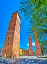 Old towers on Piazza Leonardo da Vinci in center of Pavia, Italy Royalty Free Stock Photo