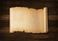 Old mediaeval paper sheet. Horizontal parchment scroll on a wood board Royalty Free Stock Photo