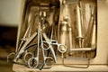 Old medical instruments in a metal box.Retro tool Royalty Free Stock Photo