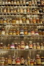 Old medicine in jars and bottles arranged on shelves on an exibition in UNESCO World Heritage Zollverein Coal Mine in Essen