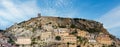 Old medieval Amantea town fortifications and Rocca Castle ruins on rocky hill top, province of Cosenza, Calabria, Italy