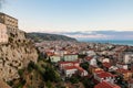 Old medieval Amantea town, fortifications and Rocca Castle ruins on rocky hill top, province of Cosenza, Calabria, Italy