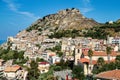 Old medieval Amantea town, fortifications and Rocca Castle ruins on rocky hill top, province of Cosenza, Calabria, Italy