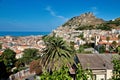 Old medieval Amantea town, fortifications and Rocca Castle ruins on rocky hill top, province of Cosenza, Calabria, Italy