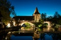 Old medieval bridge over Pegnitz river at night in Nuremberg, Germany Royalty Free Stock Photo