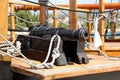 Old medieval cannon on the deck of a pirate ship Royalty Free Stock Photo