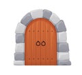 Old medieval castle door. Vintage entrance design from wooden planks, arched stone. Ancient front entry, closed doorway Royalty Free Stock Photo