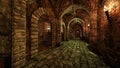 Old medieval castle dungeon tunnel with a row of prison cells, lit by torch flame. 3D illustration Royalty Free Stock Photo