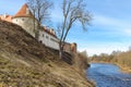 Old medieval castle near river in Bauska town, Latvia Royalty Free Stock Photo