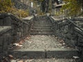 Old medieval cobbled pavement stone stairs in Sinaia town, Romania Royalty Free Stock Photo