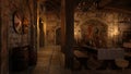 Old medieval dining hall at night with Viking shields hanging on the wall. 3D rendering