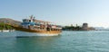 Old medieval fortress of Trogir Kamerlengo Castle on Dalmatian Island with boat, Split city region.