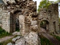 Old medieval hilltop castle Bernstein in Alsace. The ruins of a historic fort are built on a cliff